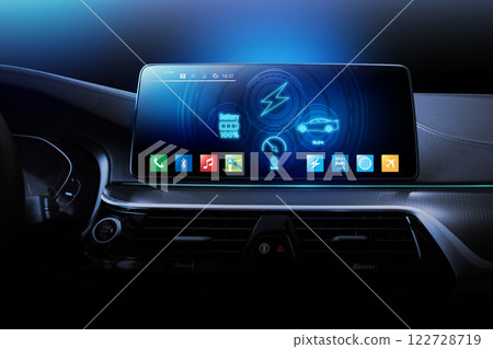 Electric car display screen that is showing the display of electric charging. 122728719