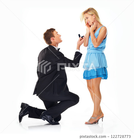 Love, marriage question and wedding proposal of a couple with a man on his knee. Diamond ring, jewelry and engagement wow surprise with happy people ready to show commitment, trust and hope together 122728773