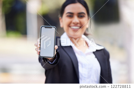 Mockup space on a phone or mobile screen in a hand of a business woman for advertising or marketing. 5g wireless technology for a brand logo, design app or contact us with an employee or entrepreneur 122728811