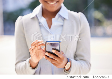 Networking, contact and online woman with phone reading message business communication, email or success for job opportunity in urban city street. Corporate professional hands typing on smartphone 122728824