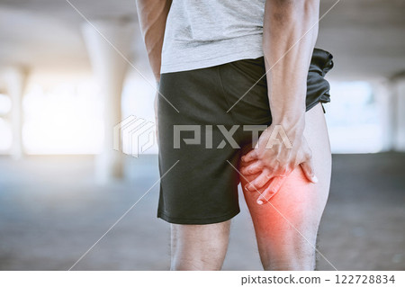 Sports man, runner and thigh injury to hamstring muscle for fitness, wellness and health person. Running, workout and exercise expert suffer medical leg pain after high performance training in city 122728834