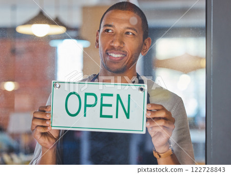 Cafe, welcome and open businessman with coffee shop manager or employee of restaurant small business. Waiter working or managing startup bakery or retail store and change sign in window for customer Cafe, welcome and open businessman with coffee shop manager or employee of restaurant small business. Waiter working or managing startup bakery or retail store and change sign in window for customer 122728843
