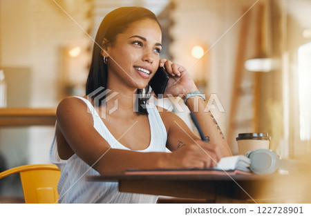 Writing, phone networking or cafe woman talking with customer for coffee shop or restaurant deal. Happy small business worker with smile, vision idea or motivation planning book schedule innovation Writing, phone networking or cafe woman talking with customer for coffee shop or restaurant deal. Happy small business worker with smile, vision idea or motivation planning book schedule innovation 122728901