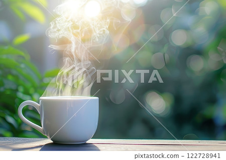 Cup of Coffee on a wooden table, summer green nature background. Outdoor. Copy space. Hot steamed coffee mug at a cafe. Rest, breakfast, vacations concept. Summertime in garden or backyard. Relax time 122728941