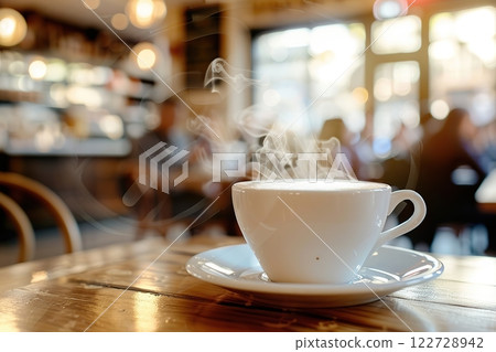 White steaming cup of coffee on table in cafe with people in cafeteria blurred background. Freshly brewed hot latte, cappuccino cup with saucer. Breakfast beverage morning concept. Restaurant drink White steaming cup of coffee on table in cafe with people in cafeteria blurred background. Freshly brewed hot latte, cappuccino cup with saucer. Breakfast beverage morning concept. Restaurant drink 122728942