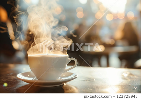 White steaming cup of coffee on table in cafe with people in cafeteria blurred background. Freshly brewed hot latte, cappuccino cup with saucer. Breakfast beverage morning concept. Restaurant drink 122728943