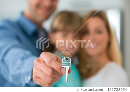 Homeowners. Happy young Caucasian family spouses standing indoors holding car house flat apartment keys, celebrating new purchase buying real estate. Mortgage loan. New home. Mother, father and child 122728964