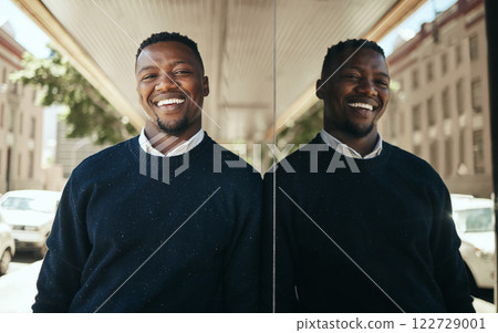 Business man, mirror wall reflection and relax on travel to work in urban city portrait. Happy Manager, corporate worker with smile or employee working in finance, law or design going to company job 122729001