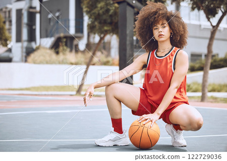 Basketball court, sports and black woman with fashion living a healthy, fitness and exercise culture lifestyle. Portrait of cool, swag and afro girl with wellness, natural beauty and empowerment 122729036