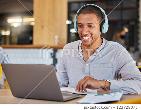 Laptop webinar, workshop training or zoom call meeting in cafe, restaurant or coffee shop with paper. Learning student or headphones man listening to video conference or mentor education presentation Laptop webinar, workshop training or zoom call meeting in cafe, restaurant or coffee shop with paper. Learning student or headphones man listening to video conference or mentor education presentation 122729073