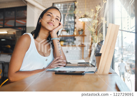 Coffee shop, working and woman thinking of ideas at a table. Daydreaming entrepreneur, student or remote worker taking break from laptop. Thoughtful woman in cafe looking at outside view from window. Coffee shop, working and woman thinking of ideas at a table. Daydreaming entrepreneur, student or remote worker taking break from laptop. Thoughtful woman in cafe looking at outside view from window. 122729091