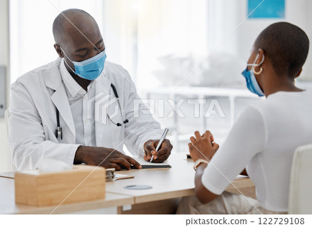 Doctor, office and writing a covid note or medical history, record or insurance paperwork for patient at work. Black healthcare professional man or GP signing documents for client with masks. Doctor, office and writing a covid note or medical history, record or insurance paperwork for patient at work. Black healthcare professional man or GP signing documents for client with masks. 122729108