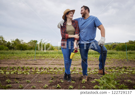 Startup, success and agriculture, couple work farm together. Sustainability, teamwork and small business of sustainable food production. Happy farmer, man and woman work in growth, love and farming. 122729137