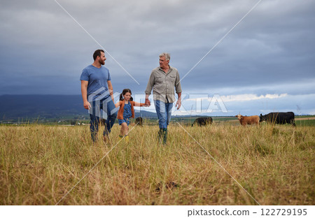 Farmer family walking on a cattle or livestock farm teaching and learning together. Generations of a happy father, grandfather and grandchild bonding on sustainability agriculture land 122729195