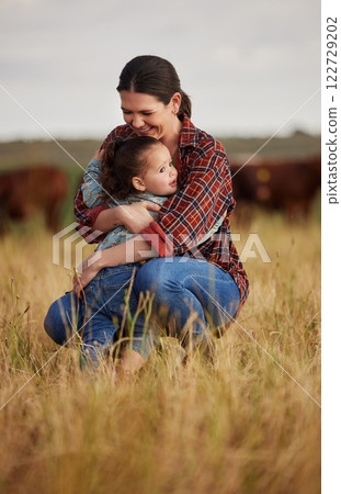 Love, family and care with a mother and daughter hugging in a field outside on a farm. Cattle farmer and little girl in the farming, agricultural and dairy industry on a meadow or pasture outdoors Love, family and care with a mother and daughter hugging in a field outside on a farm. Cattle farmer and little girl in the farming, agricultural and dairy industry on a meadow or pasture outdoors 122729202