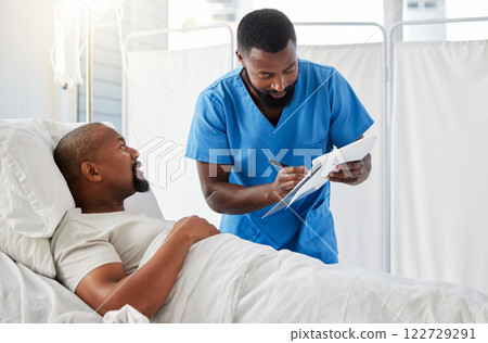 Healthcare, insurance and hospital planning by doctor and patient doing paperwork before surgery or during checkup. Help from a professional consulting with a sick man about a drug trial for cancer Healthcare, insurance and hospital planning by doctor and patient doing paperwork before surgery or during checkup. Help from a professional consulting with a sick man about a drug trial for cancer 122729291