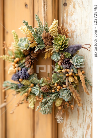 A wreath of succulents hung on a door in the style of a flower arrangement 122729463