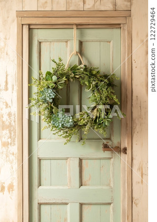 A wreath of succulents hung on a door in the style of a flower arrangement 122729464