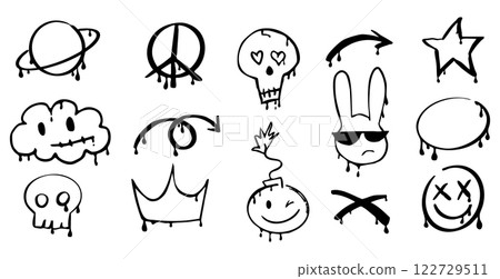 Graffiti Gangster tattoo elements, paint splash, spray. Heart face, skull set. Doodle gunge groovy print crown, cherry, scary kit,. 122729511