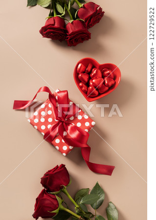 Valentine's day card with red gift box, wine, romantic gift and red roses. Valentine's day card with red gift box, wine, romantic gift and red roses. 122729522