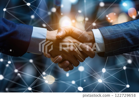 Handshake for teamwork of business merger and acquisition, successful negotiate. Hand shake, two businessman shake hand with partner to celebration partnership deal. Network effects for tech industry 122729658
