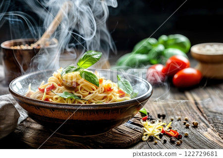 Stir fry noodles with vegetables and beef in black bowl. Chow mein dish. Hot ramen noodle with steam smoke, green onion in black bowl on wooden table background. Spicy Asian meal. Junk food concept. 122729681