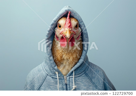 Chicken with a elegant grey hoody on a solid studio gray color background. Copy space for text. Cute cool hen dressed fashion clothes, hood at head. Humor, summer. Funny animal creative concept Chicken with a elegant grey hoody on a solid studio gray color background. Copy space for text. Cute cool hen dressed fashion clothes, hood at head. Humor, summer. Funny animal creative concept 122729700