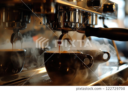 Espresso Machine Pours Fresh Coffee Closeup. Making a Coffee, Pouring Hot Steaming Beverage from Coffee Maker to White Cup. Preparing Fresh Black Americano. Electric Automatic Kitchen Coffee-Maker Espresso Machine Pours Fresh Coffee Closeup. Making a Coffee, Pouring Hot Steaming Beverage from Coffee Maker to White Cup. Preparing Fresh Black Americano. Electric Automatic Kitchen Coffee-Maker 122729708