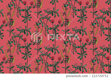 Botanical abstract plant seamless pattern with wildflowers Clovers vector illustration. Repeating retro floral pattern in pink color background. Graphic design for Wallpaper Textile Cover Birthday Botanical abstract plant seamless pattern with wildflowers Clovers vector illustration. Repeating retro floral pattern in pink color background. Graphic design for Wallpaper Textile Cover Birthday 122729712
