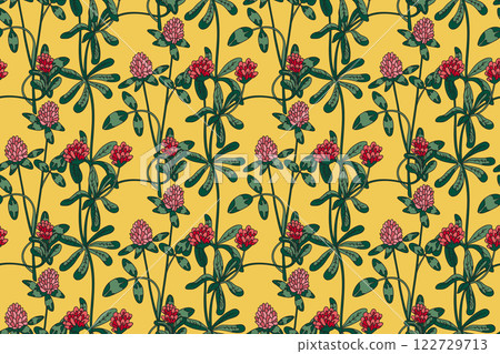 Botanical abstract plant seamless pattern with wildflowers Clovers vector illustration. Repeating retro floral pattern in yellow color background. Graphic design for Wallpaper Textile Cover Birthday Botanical abstract plant seamless pattern with wildflowers Clovers vector illustration. Repeating retro floral pattern in yellow color background. Graphic design for Wallpaper Textile Cover Birthday 122729713