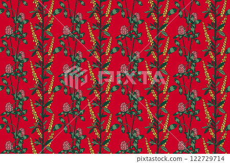 Botanical abstract plant seamless pattern with wildflowers Clovers vector illustration. Repeating retro floral pattern in red color background. Graphic design for Wallpaper Textile Cover Birthday Card Botanical abstract plant seamless pattern with wildflowers Clovers vector illustration. Repeating retro floral pattern in red color background. Graphic design for Wallpaper Textile Cover Birthday Card 122729714