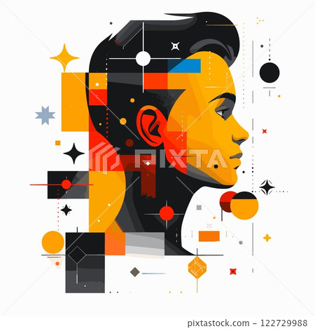 Man's face is shown in a collage of shapes and colors 122729988