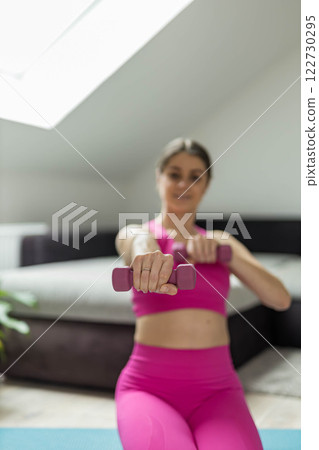 Woman in pink sports outfit doing exercises with dumbbells at home, focusing on strength and fitness 122730295