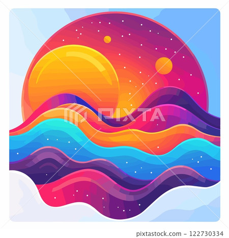 Colorful painting of a sunset with a blue ocean and a purple sky 122730334