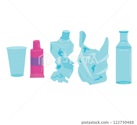 Set of plastic garbage. Environmental pollution and recycling concept. Set of plastic garbage. Environmental pollution and recycling concept. 122730488