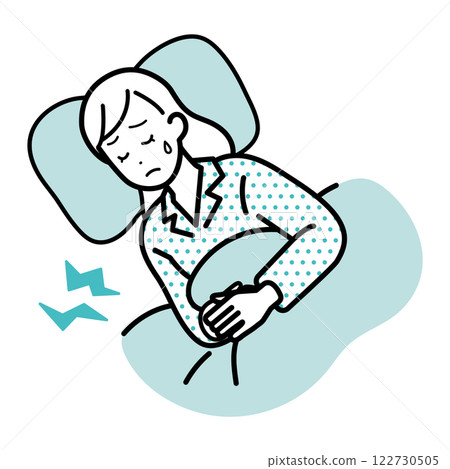 Illustration of a woman lying down with stomach pain Illustration of a woman lying down with stomach pain 122730505