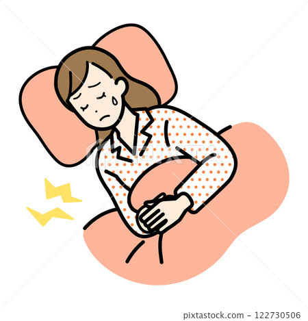 Illustration of a woman lying down with stomach pain 122730506