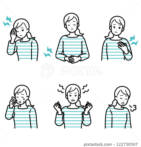 Illustration set of women's discomfort caused by menstruation and PMS Illustration set of women's discomfort caused by menstruation and PMS 122730507