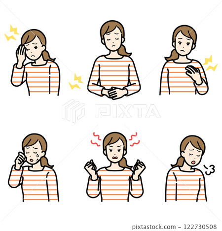 Illustration set of women's discomfort caused by menstruation and PMS Illustration set of women's discomfort caused by menstruation and PMS 122730508