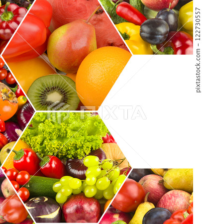 Healthy vegetables and fruit food - collage. Free space for text. 122730557