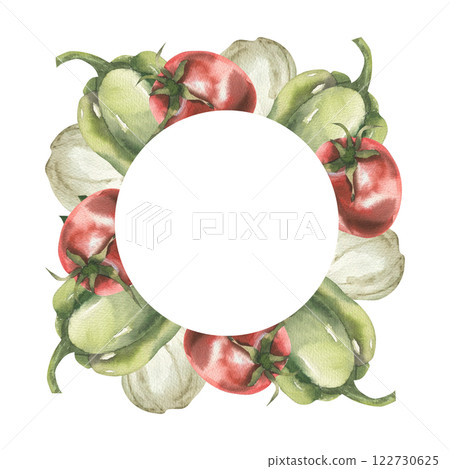 Vegetables round frame with watercolor red tomato,green pepper and onion shallot illustration. Hand drawn vegan organic food wreath, salad ingredients clipart for grocery shop packing, logo design Vegetables round frame with watercolor red tomato,green pepper and onion shallot illustration. Hand drawn vegan organic food wreath, salad ingredients clipart for grocery shop packing, logo design 122730625