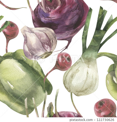 Vegan food seamless pattern with watercolor pepper,onion shallot, garlic, kohlrabi and radish illustrations. Hand drawn vegetables background for grocery shop wallpaper,packing,textile design 122730626