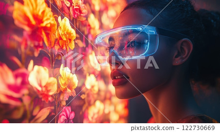 Futuristic woman with AR glasses interacting with flowers 122730669