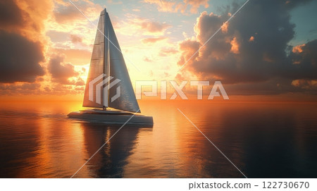 Futuristic luxury sailboat at sunset over calm ocean Futuristic luxury sailboat at sunset over calm ocean 122730670