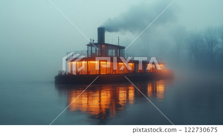 Serene River Cleanup at Dawn with an Eco-Friendly Boat 122730675