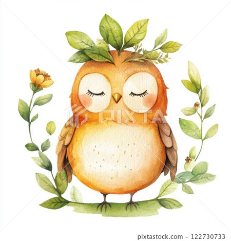 Eco-friendly watercolor illustration of an owl surrounded by plants Eco-friendly watercolor illustration of an owl surrounded by plants 122730733