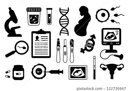 Pregnancy set black silhouette elements. Medical test, sex determination, fertilization. Uterus and sperm. Vector illustration Pregnancy set black silhouette elements. Medical test, sex determination, fertilization. Uterus and sperm. Vector illustration 122730847