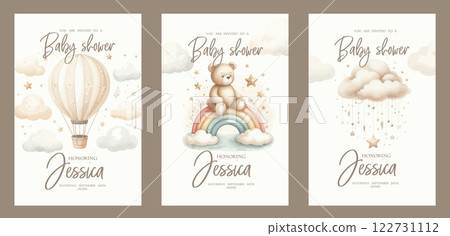 Set of Watercolor New born baby shower invitation. Greeting card with teddy bear, Hot Air Balloon, clouds and stars. Set of Watercolor New born baby shower invitation. Greeting card with teddy bear, Hot Air Balloon, clouds and stars. 122731112
