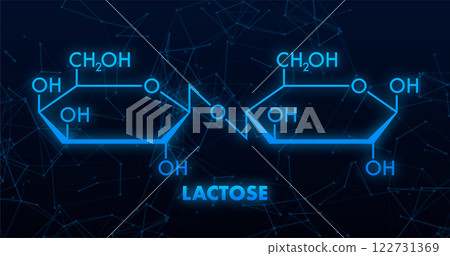 Lactose Molecule Structure with Chemical Formula on Dark Blue Background 122731369