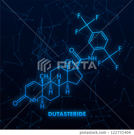 Dutasteride chemical formula, structural model illuminating on dark background Dutasteride chemical formula, structural model illuminating on dark background 122731404